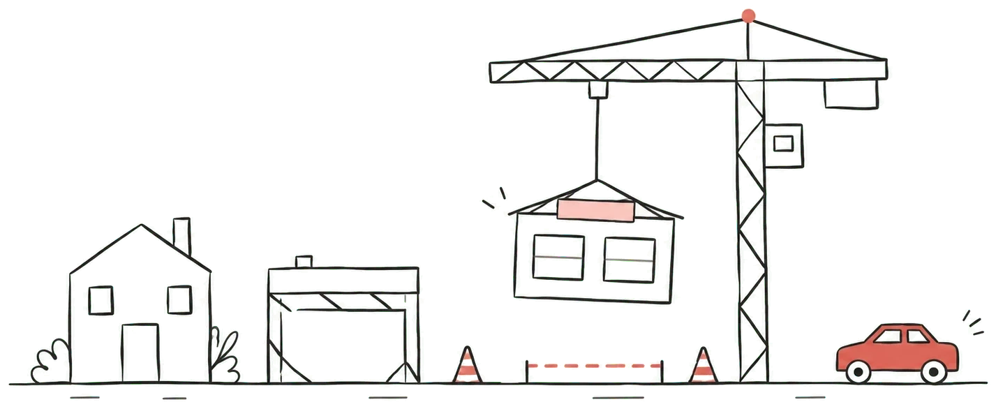 Dessin au trait : une grue pose un bâtiment sur un terrain balisé, entre une maison, un bâtiment sous échafaudage et une petite voiture rouge.